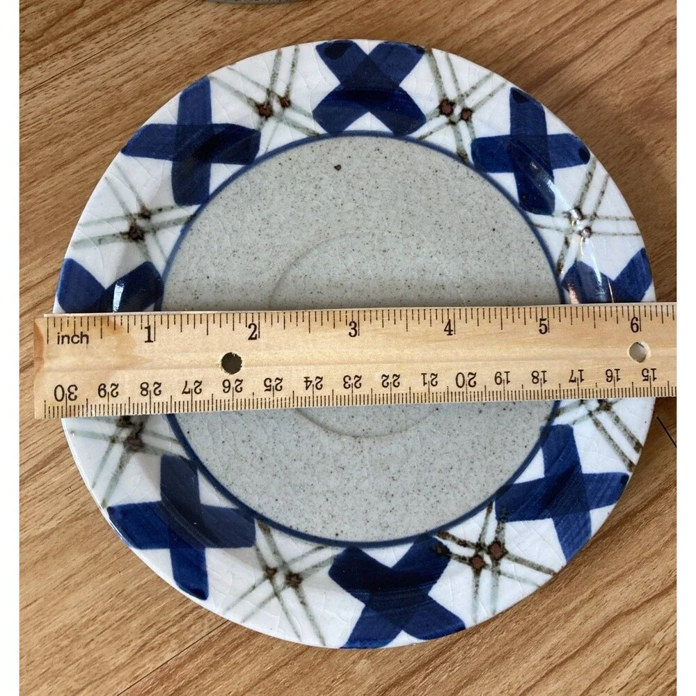 Otagiri Saucer, Small Plate Japan Hand Crafted Blue‎ Brown Cross Mid Century